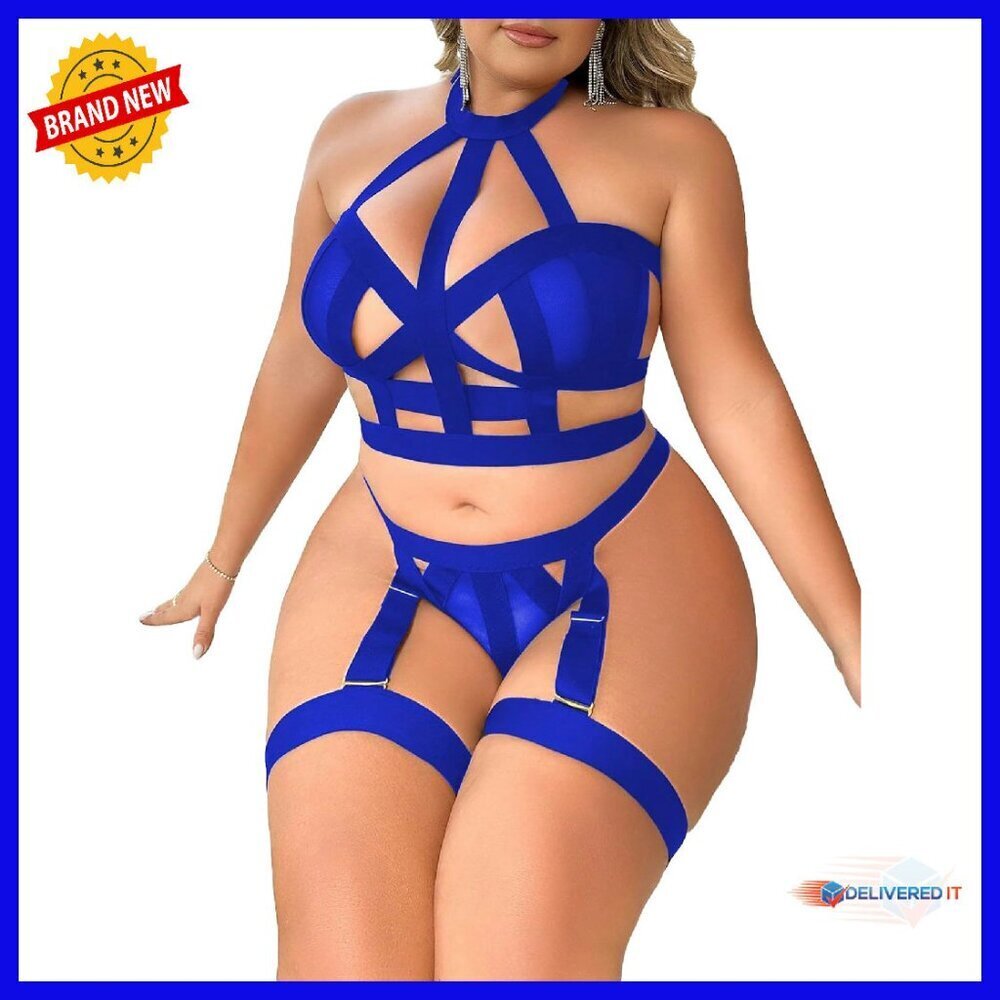 Plus Size Strappy Harness Lingerie Set with Garters 4-Piece
